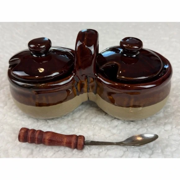 (VTG) Brown/Tan Ceramic Double Condiment Caddy Dish with Spoon - Picture 3 of 14